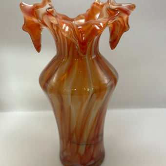 4046 1990s Handblown Orange Swirl Murrhina Ruffled Edge Vase