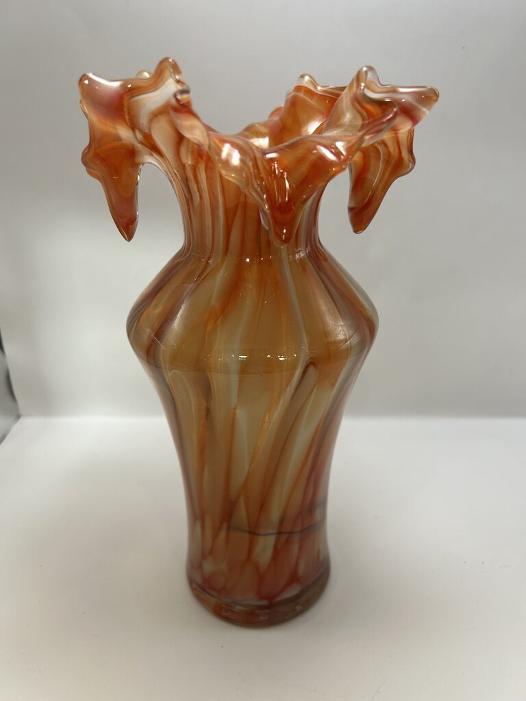 4046 1990s Handblown Orange Swirl Murrhina Ruffled Edge Vase