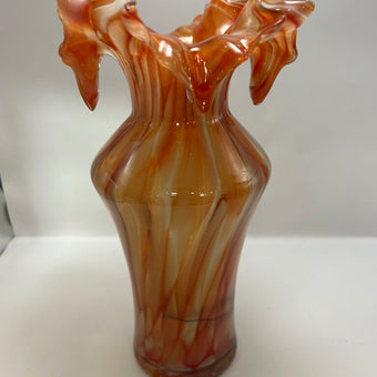 4046 1990s Handblown Orange Swirl Murrhina Ruffled Edge Vase