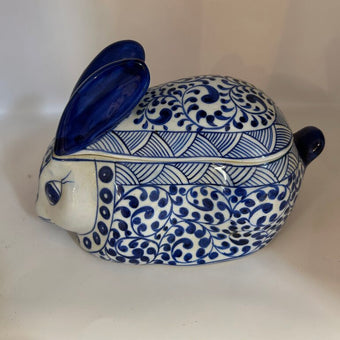 Blue and white bunny dish with lid