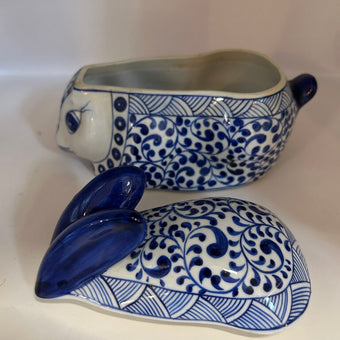 Blue and white bunny dish with lid