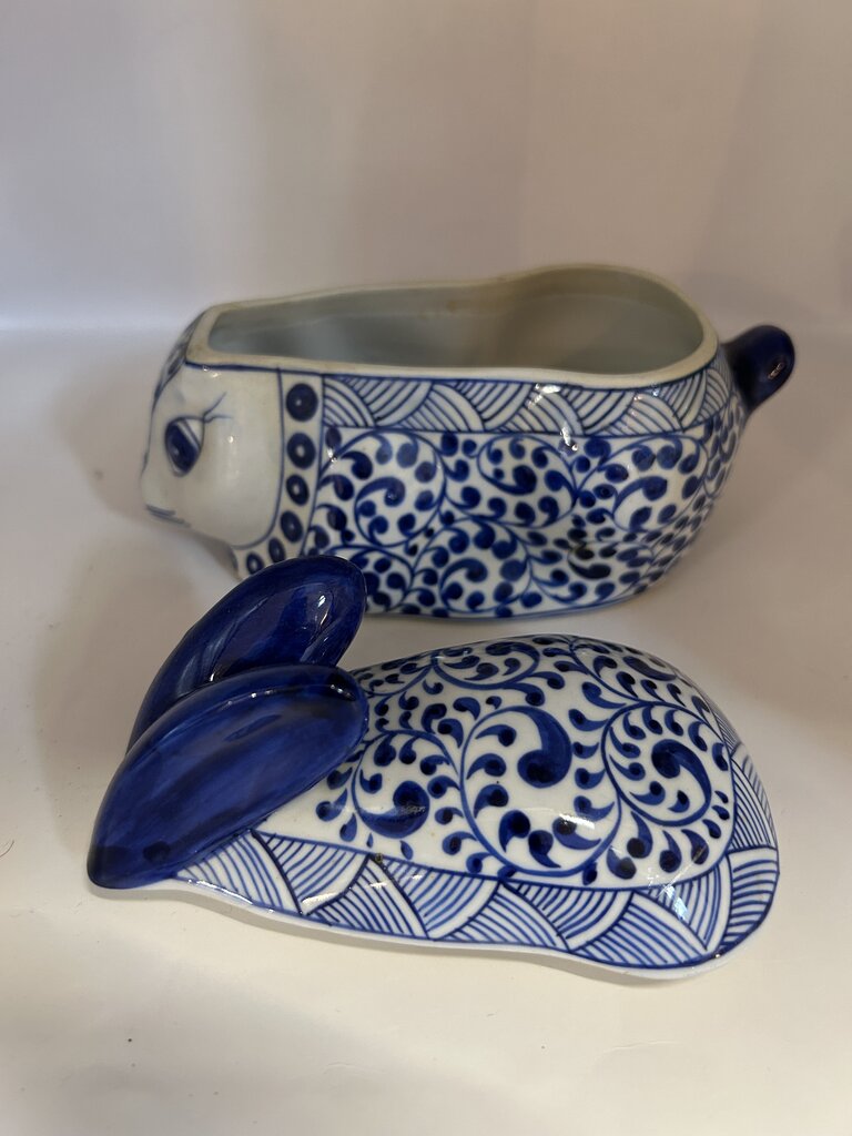 Blue and white bunny dish with lid