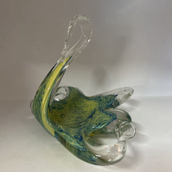 Vintage Murano Style Blue & Yellow Swirl Hand Blown Glass Swan Dish