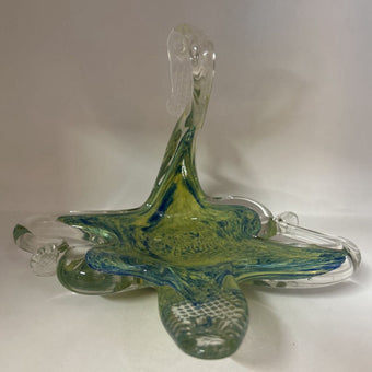 Vintage Murano Style Blue & Yellow Swirl Hand Blown Glass Swan Dish