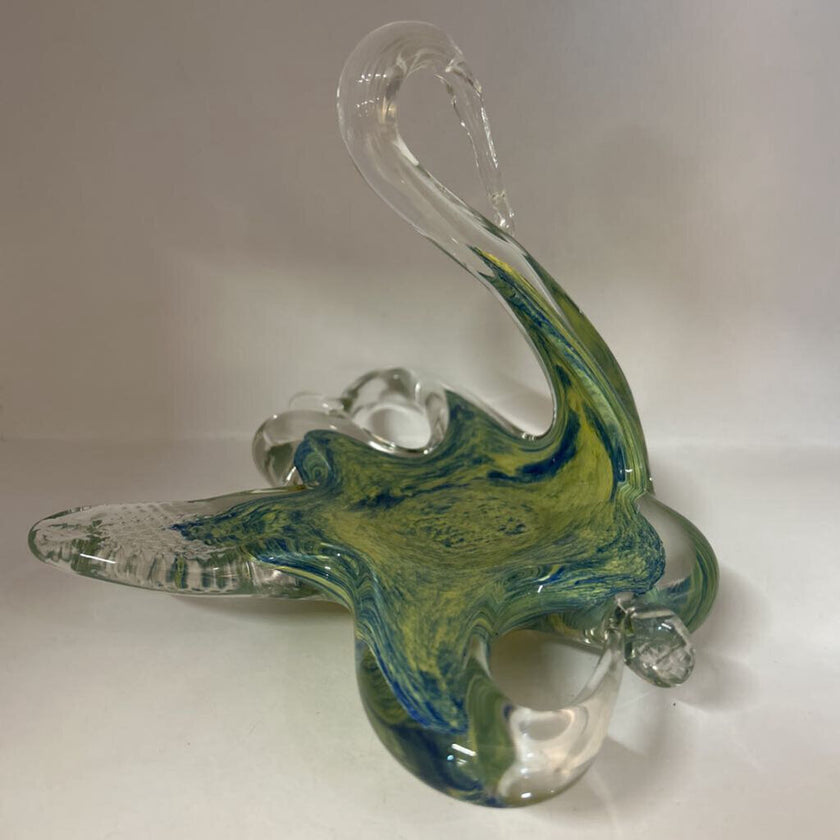 Vintage Murano Style Blue & Yellow Swirl Hand Blown Glass Swan Dish