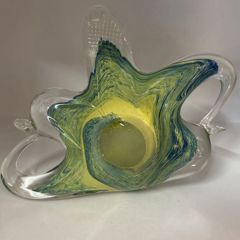 Vintage Murano Style Blue & Yellow Swirl Hand Blown Glass Swan Dish