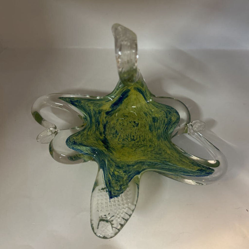 Vintage Murano Style Blue & Yellow Swirl Hand Blown Glass Swan Dish