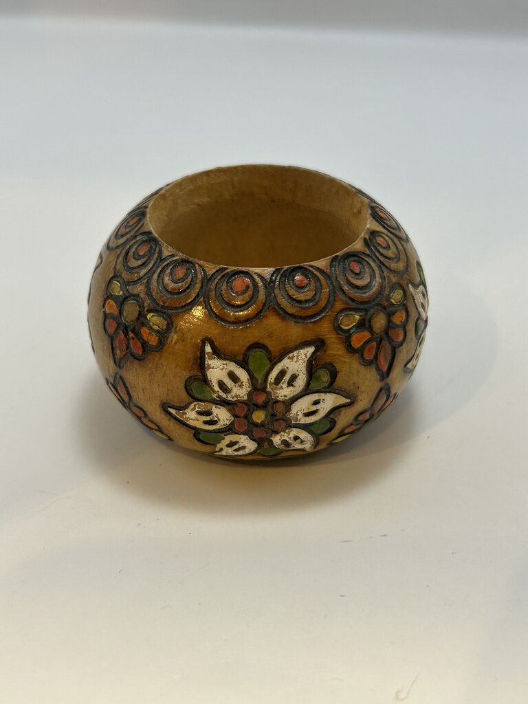 Hand Carved Wood VTG painted round small Box