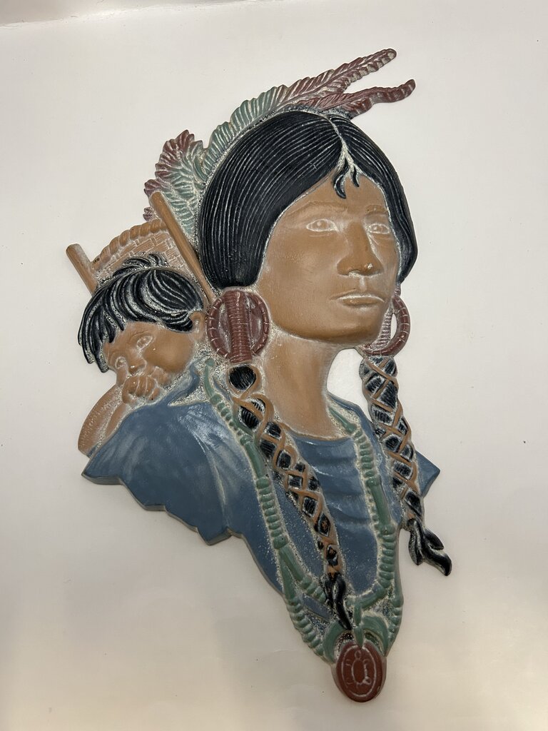 1970s Sexton cast metal wall plaque featuring Native American figure, hand-painted