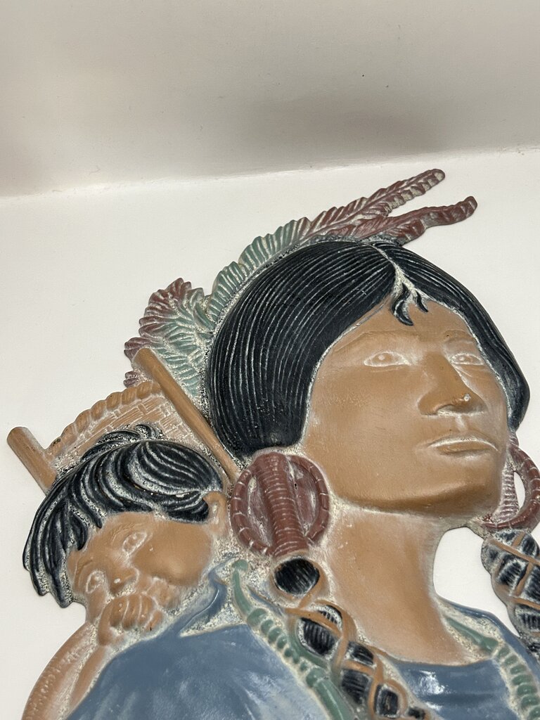 1970s Sexton cast metal wall plaque featuring Native American figure, hand-painted