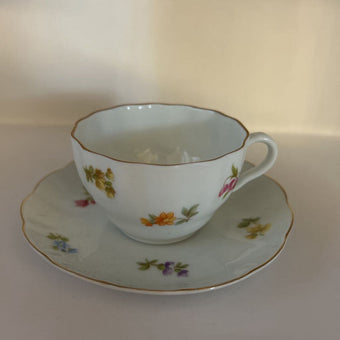 Vintage Meissen porcelain teacup and saucer with scattered floral pattern