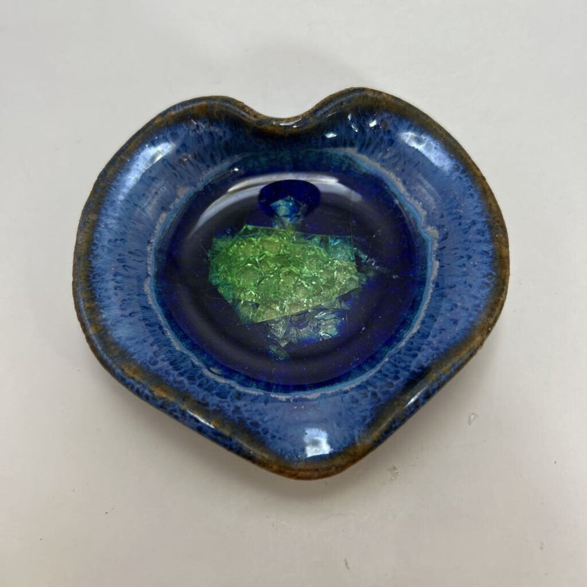 4109 Blue Speckled Pottery w/Green Fused Glass Heart Trinket Dish