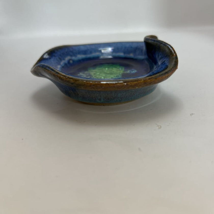 4109 Blue Speckled Pottery w/Green Fused Glass Heart Trinket Dish