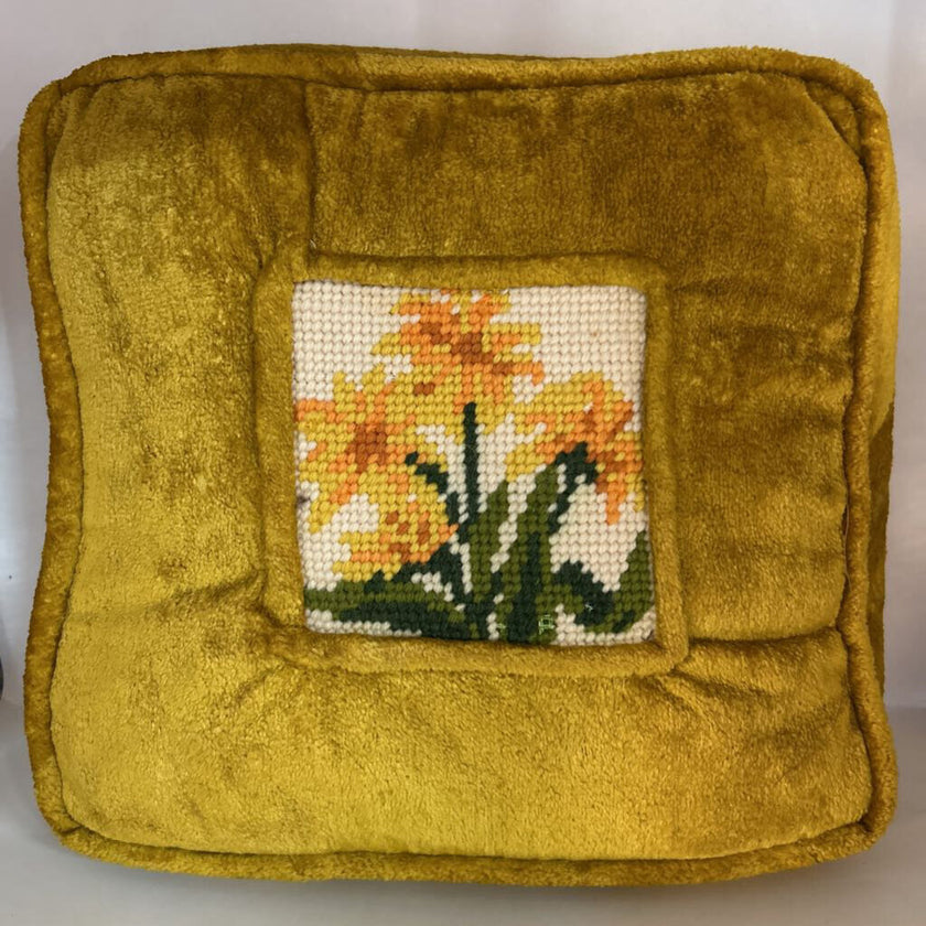 Vintage Mustard Yellow Floral Needlepoint Pillow