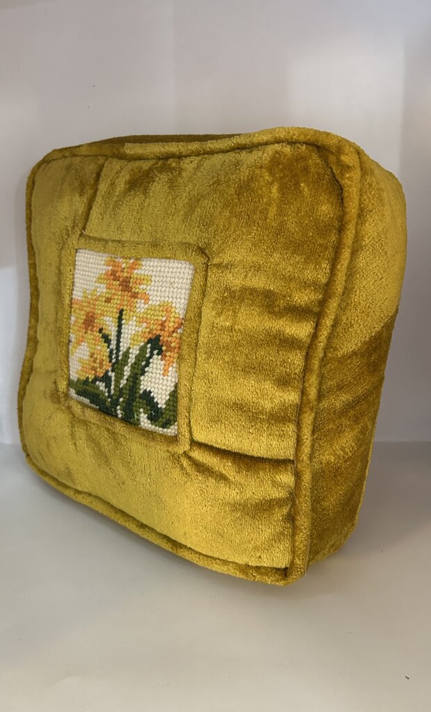 Vintage Mustard Yellow Floral Needlepoint Pillow
