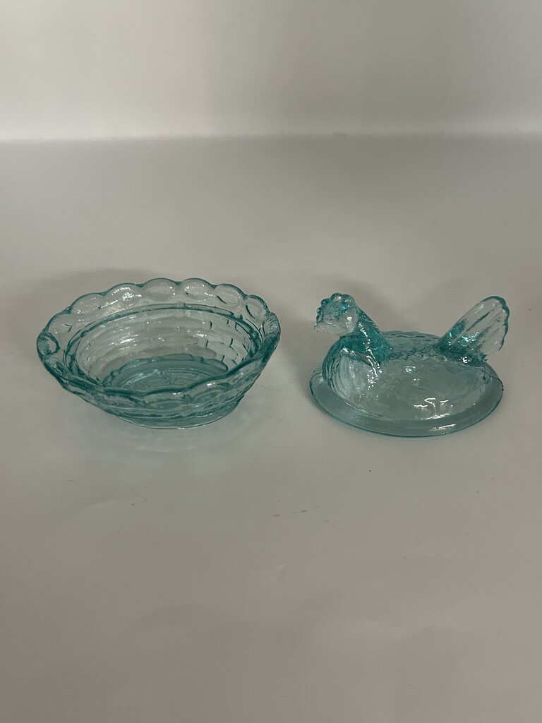 Blue iridescent glass mini hen-on-nest salt cellar