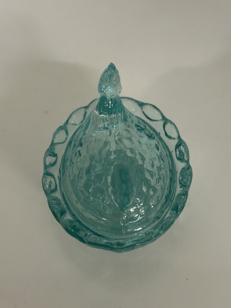 Blue iridescent glass mini hen-on-nest salt cellar