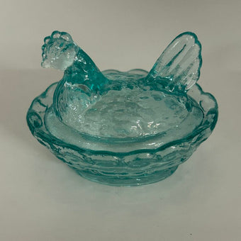 Blue iridescent glass mini hen-on-nest salt cellar