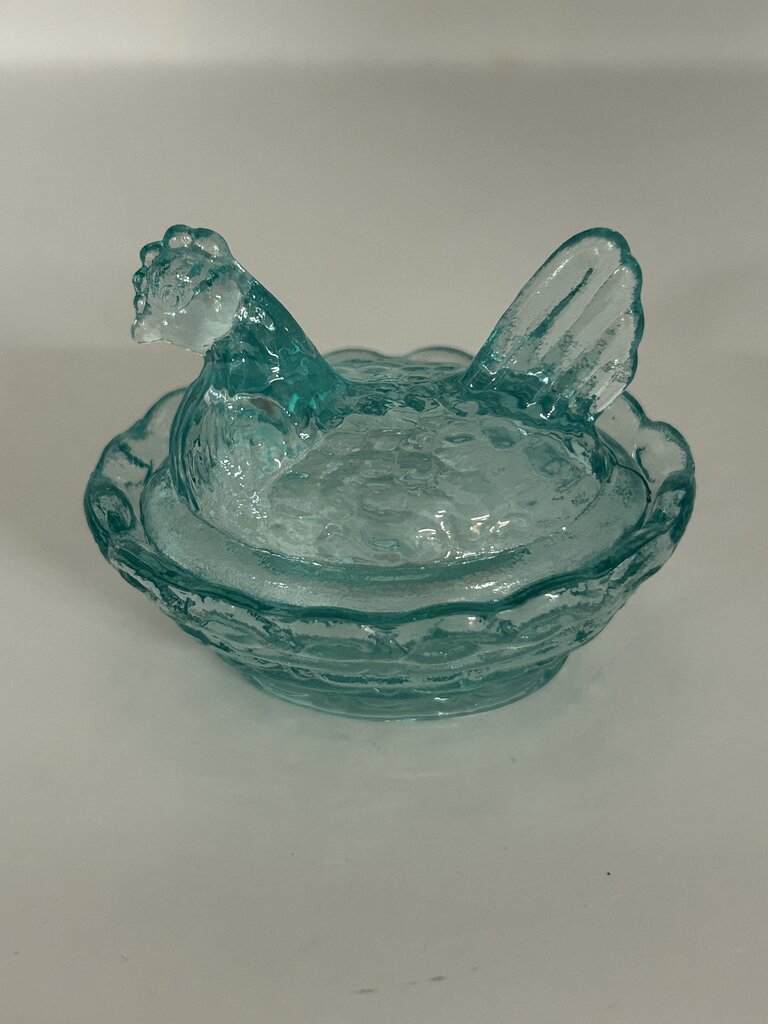 Blue iridescent glass mini hen-on-nest salt cellar