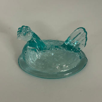 Blue iridescent glass mini hen-on-nest salt cellar