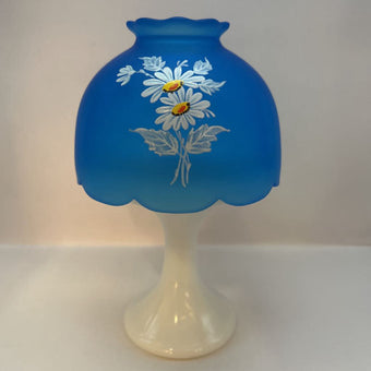 Westmoreland Blue Mist Daisy Frosted Satin Top and Milk Glass Base Fairy Lamp