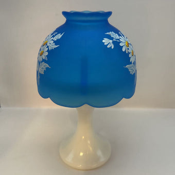 Westmoreland Blue Mist Daisy Frosted Satin Top and Milk Glass Base Fairy Lamp