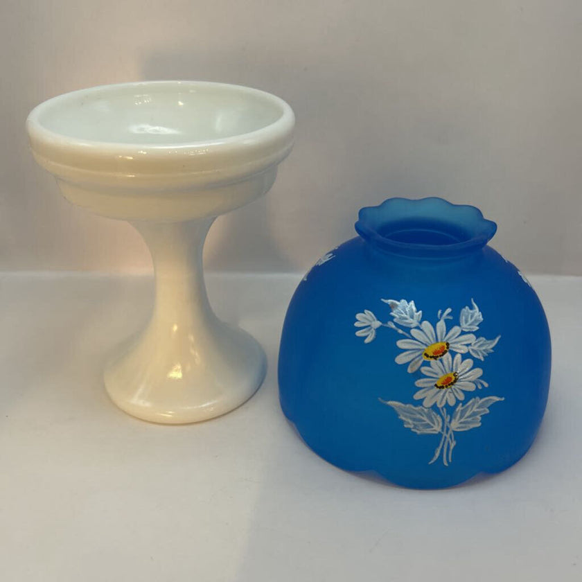 Westmoreland Blue Mist Daisy Frosted Satin Top and Milk Glass Base Fairy Lamp