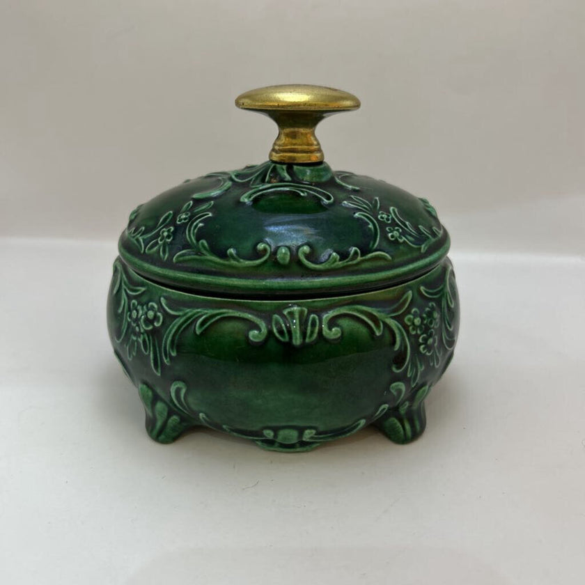 Ornate Handmade Green Ceramic Lidded Trinket Dish