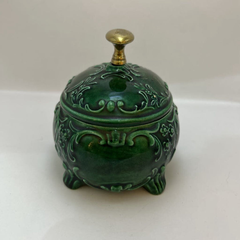 Ornate Handmade Green Ceramic Lidded Trinket Dish