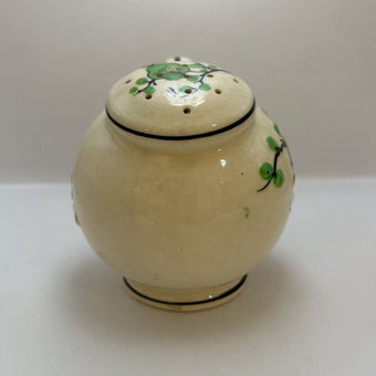 Vintage hand-painted ceramic shaker with green floral design, made in Japan.