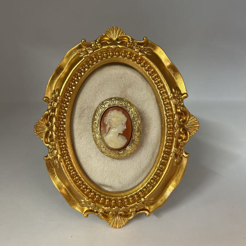 Vintage Cameo Style Brooch in Ornate Gold Frame