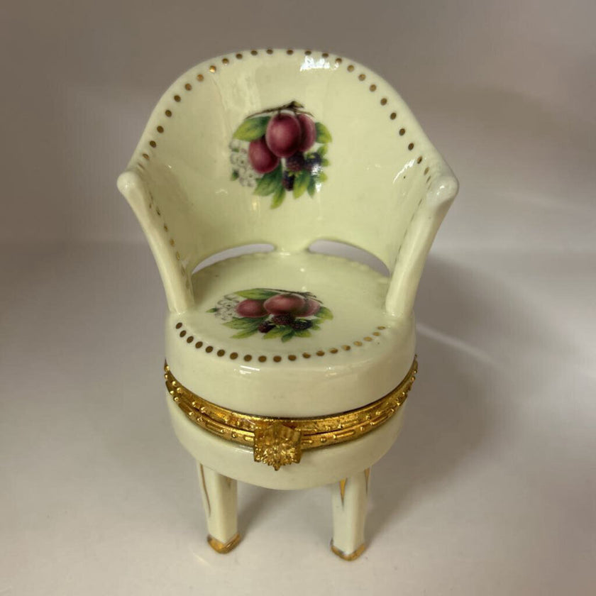 Vintage Miniature Porcelain Chair Trinket Box with Fruit Motif