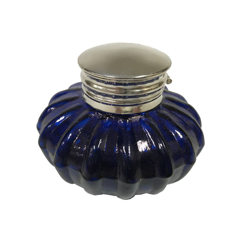 Cobalt Blue Swirl Glass Vintage Inkwell w/ Nickel Plated Lid, 3