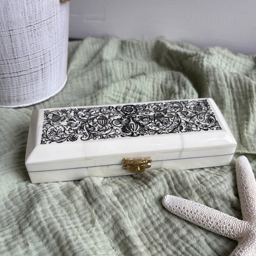 Jacobean Vase and Flowers Printed Ox Bone Stamp Box, 6-1/4”