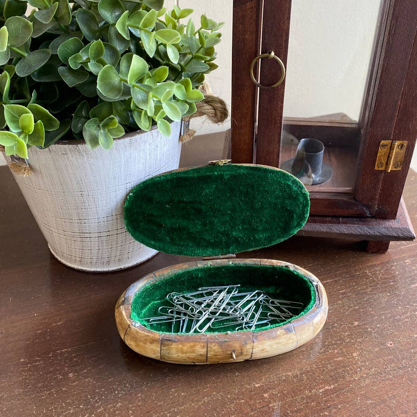 Antiqued Vintage Oval Bone Box, 5-1/2”