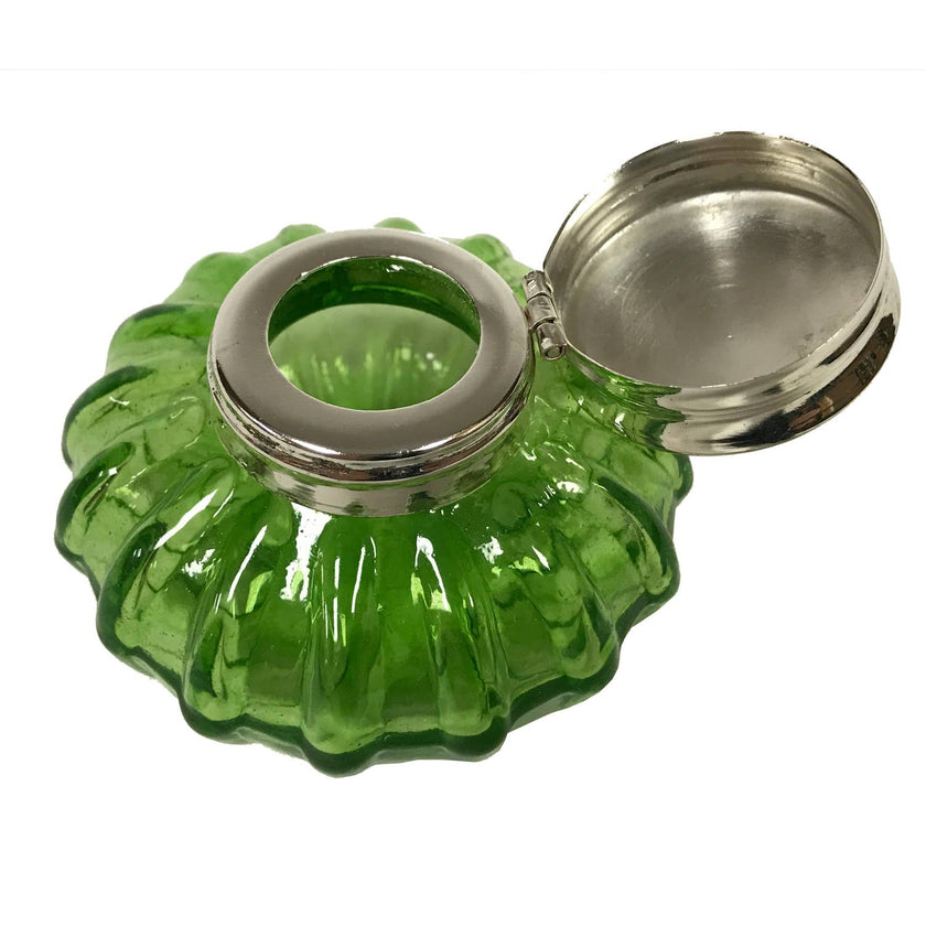 Light Green Swirl Glass Vintage Inkwell w/ Nickel Plated Lid, 3