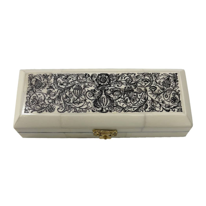 Jacobean Vase and Flowers Printed Ox Bone Stamp Box, 6-1/4”